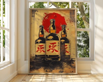 May include: A vintage-style poster featuring three bottles of Japanese whisky with red kanji characters on the labels. The bottles are arranged in a row against a yellowed background with a red sun and splattered paint.