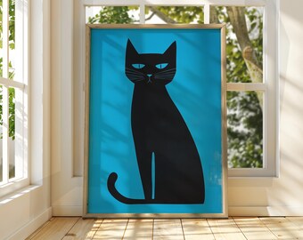 Black Cat Art Print: Modern Feline Illustration on Blue