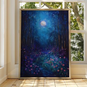 Nighttime Forest Poster - Oil Painting Print - Flowers Trees Moon Witch Whimsical Art - Enchanted Art - Cottagecore Woodland Night Time Dark