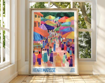 May include: A colourful illustration of a bustling market scene with people walking under colourful umbrellas and awnings. The artwork is titled "Henri Matisse" and includes the text "France Collage Exhibition".