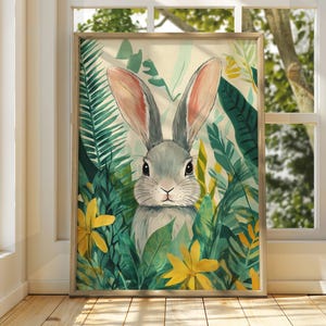 Tropisches Kaninchen Poster - Vogel Wandkunst - Tier Illustration - Blumenkunst - Tier Poster - Helles Wohnkultur - Vogel Druck - Herbst Kunst