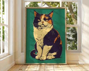 三毛猫のアートプリント：モダンな猫のイラスト、緑の背景 - Etsy 日本