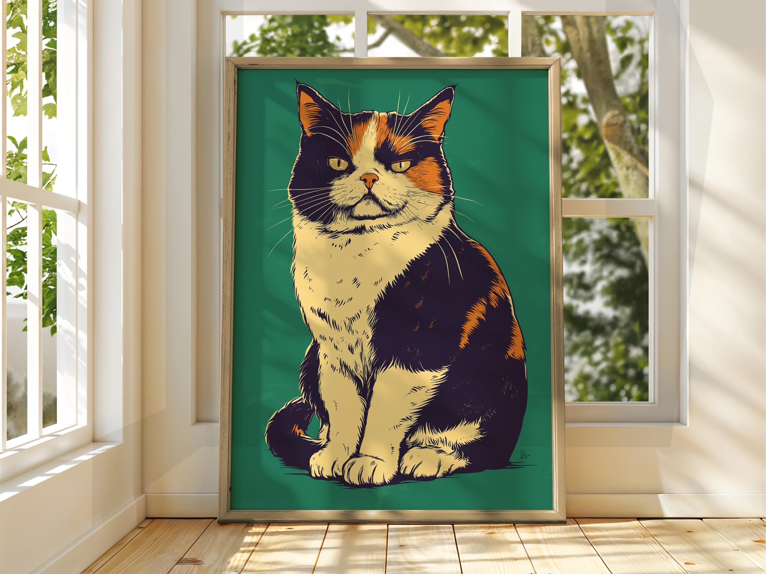 三毛猫のアートプリント：モダンな猫のイラスト、緑の背景 - Etsy 日本