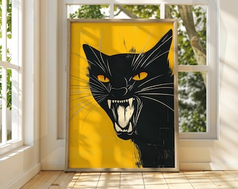 Angry Black Cat Art Poster: Feline Wall Decor