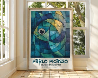 May include: A poster featuring a geometric abstract painting of a blue and green fish with a yellow eye. The poster has the text "PABLO PICASSO" and "A SELECTION OF INSPIRED ART" with the dates "25 OCTOBER 1981 - 8 APRIL 1973".