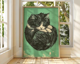 Lámina artística de gato acurrucado: decoración de pared de gatito durmiendo