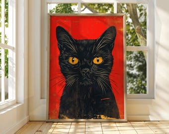 黒猫アートポスター：赤い壁飾り、猫のイラスト - Etsy 日本
