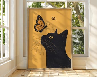 Black Cat Butterfly Art Print: Whimsical Feline Wall Decor