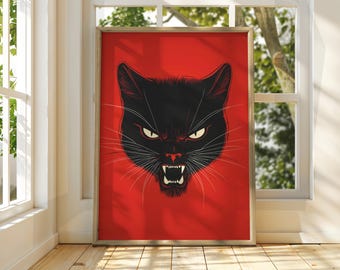 Angry Black Cat Art Poster: Red Feline Illustration