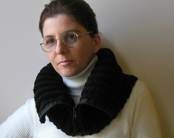 Black Cowl with Zip, Hand Knitted Unisex Neck Warmer in Soft Wool Blend