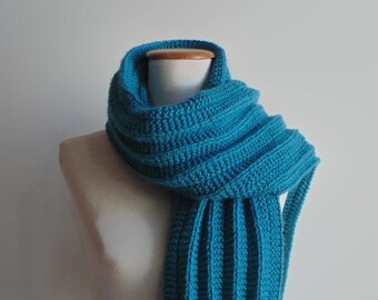 Teal Blue Pleated Scarf Hand Knitted in Merino Wool Blend, Wide Blanket Scarf