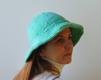 Women's Bucket Hat in Mint Green, Cloche Hat Hand Knitted in Soft Wool Blend