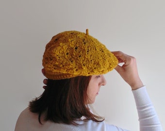 Lace Beret Hand Knitted in Yellow Fine Merino Wool, Slouchy Hat, Women's Hat