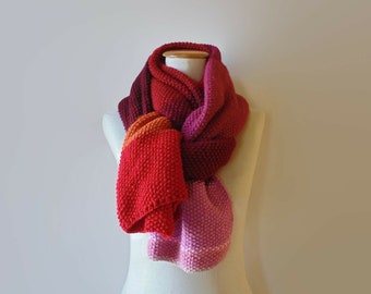 Blanket Scarf Hand Knitted in Shades from Red, Orange to Pink Soft Wool Blend