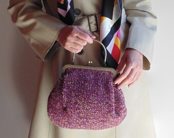 Women's Handbag Hand Knitted in Marbled Purple Soft Wool Blend, Clutch Purse