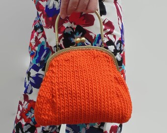 Orange Top Handle Bag, Hand Knitted with Cotton Yarn, Kiss Lock Purse, Evening Bag