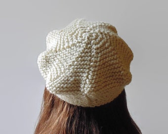 Women's French Style Hand Knitted Ivory Pure Wool Beret, Chunky Knit Hat