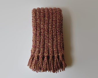 Long Scarf Hand Knitted in Marbled Burgundy Soft Wool Blend, Ribbed Scarf with Fringes