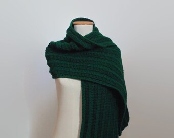 Green Pleated Scarf, Wide Blanket Style Hand Knitted in Merino Wool Blend, Lovely Christmas Gift