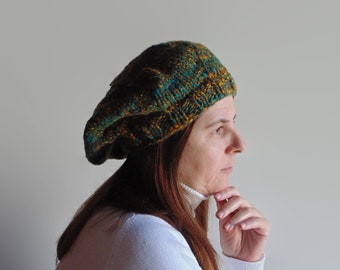 Beret Hand Knitted in Marbled Green Soft Wool Blend, French Style Hat for Women