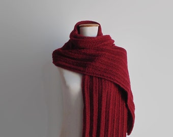 Burgundy Pleated Scarf Hand Knitted in Merino Wool Blend, Wide Blanket Scarf