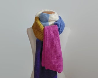 Hand Knitted Blanket Scarf with Merino Wool Mix Bands, Large Wrap Shawl