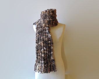 Winter Scarf Hand Knitted in Marbled Brown Wool, Long Ribbed Shawl with Fringes