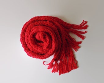 Red Hand Knitted Long Scarf with Fringes, Soft Wool Blend, Ribbed Along