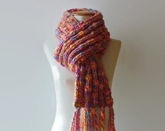 Long Scarf Hand Knitted with Marbled Cyan Magenta Yellow Soft Blend Wool