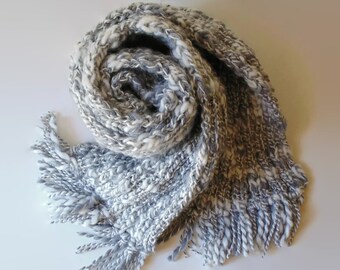 Hand Knitted Chunky Scarf in Marbled Gray and White Soft Wool Blend, Long Winter Wrap