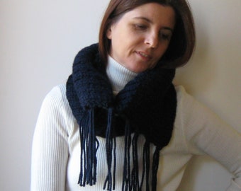 Navy Blue Chunky Ribbed Snood, Hand Knitted Soft Wool Blend Cowl with Fringes, Cozy Winter Accessory, Thoughtful Christmas Gift