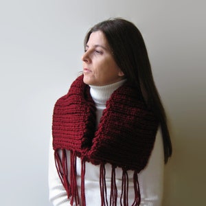 Burgundy Cowl with Fringes, Hand Knitted Soft Wool Blend, Chunky Knit Snood image 3