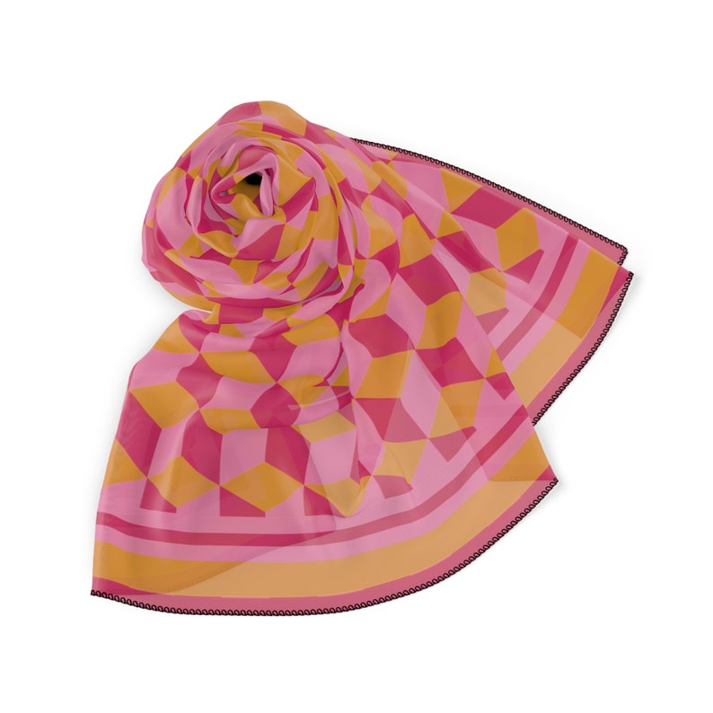 Chic Pink and Yellow Cubes Scarf, Sheer Poly Voile & Chiffon Accessory, Lightweight Fashion Scarf, Perfect Gift for Her image 2