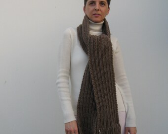 Long Scarf with Fringes Hand Knitted in Coffee Brown Soft Wool Blend, Ribbed Along