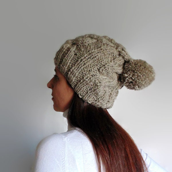 Beige Wool Pom Pom Beanie, Chunky Knit Bobble Hat, Winter Cables Knit Pompom Beanie, Stocking, Hand Knitted, Wool Womens Beanie, Mens Hat