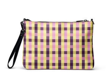 Chic Gingham Crossbody Bag, Yellow Purple & Pink, Adjustable for Day-to-Night, Perfect Woman's Gift