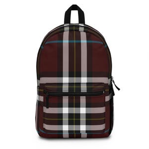 Plaid Brown Backpack, Tartan Rucksack, Checkered School Bag, Patterned Travel Knapsack, Rustic Hiking Pack