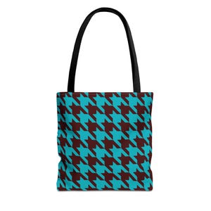 Houndstooth Tote Bag: Sky Blue & Brown Reusable Shopping Purse