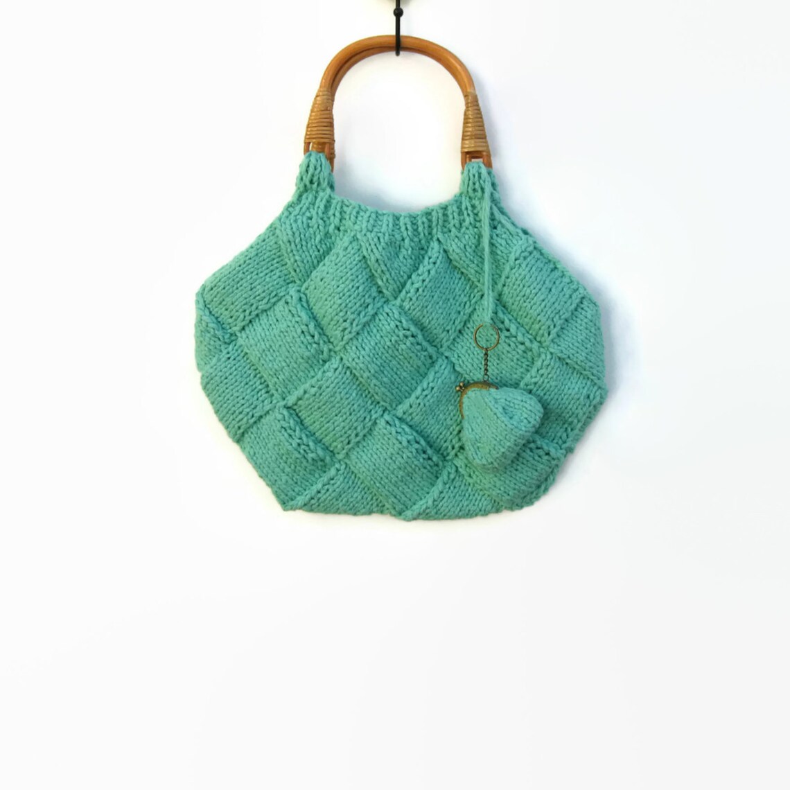 Mint Green Bag Knitted in Cotton with Rattan Handles Etsy