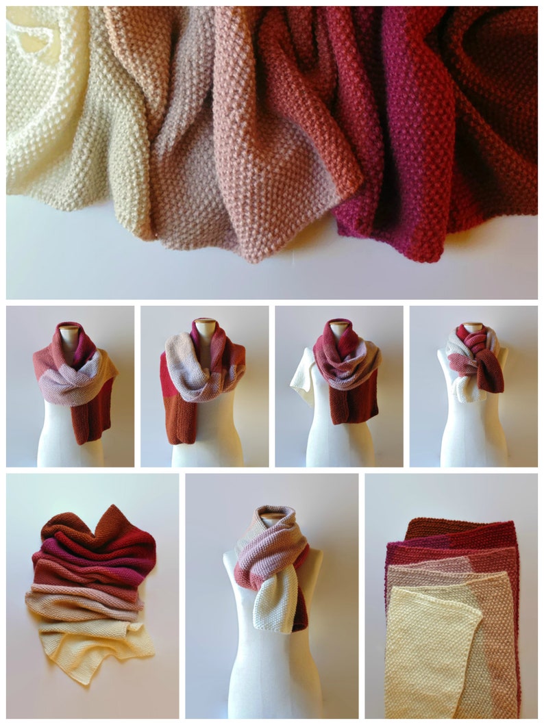 Hand Knitted Blanket Scarf in Merino Soft Blend from Red to Cream, Shawl Wrap image 9