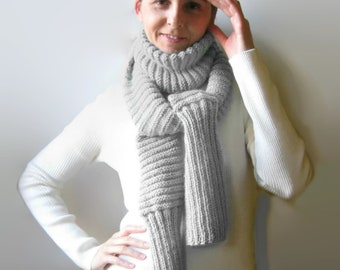 Winter Long Shawl Hand Knitted in Light Gray Merino Blend Wool, Sweater Scarf