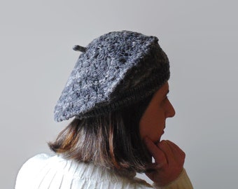 Lace Knit Beret in Variegated Gray Fine Merino Wool, Slouchy Hat, Hand Knitted Beanie