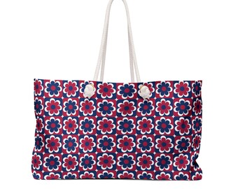 Chic Weekender Bag, Blue Red Pop Flowers, Durable Tote with Rope Handles, Perfect Getaway Carryall, Unique Gift for Her