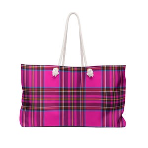 Hot Pink Tartan Weekender Bag, Travel Duffel Bag, Overnight Tote, Women's Carry On, Plaid Luggage, Gift for Her