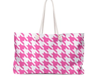 Chic Pink Houndstooth Weekender Bag - Stylish & Spacious Travel Carryall - Perfect Ladies' Getaway Gift