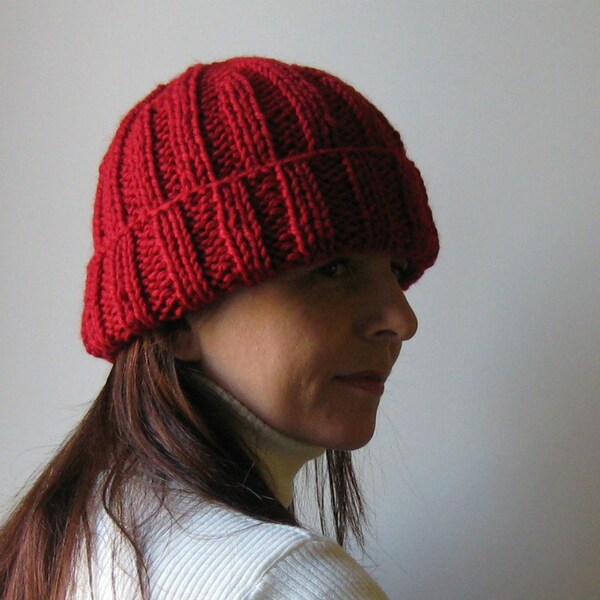 Hat Beanie Knitted in Red Merino Wool
