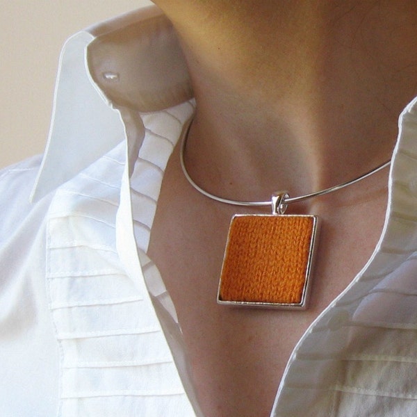 Amber Yellow Square Pendant, Statement, Knitted, Wool, Cute Jewelry, Womens, Textile, Orange Peel Gifts for Her Minimalist Geometric Jewelry