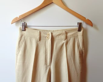 Beige Cotton Linen Pleated Pants for Women, 90s Vintage Summer Trousers