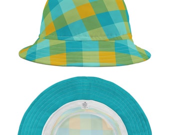 Stylish Plaid Bucket Hat - Turquoise & Yellow, Fashion Accessory, Unique Gift