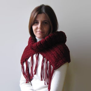 Burgundy Cowl with Fringes, Hand Knitted Soft Wool Blend, Chunky Knit Snood image 4